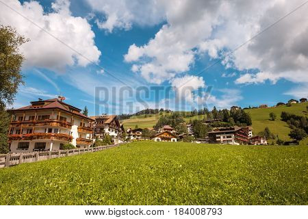 summer village in Val Gardena South Tirol, Dolomites mountains, Italy