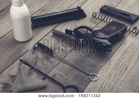 Separate Parts Of Makarov Pistol And Cleaning Kit, Vintage Effect