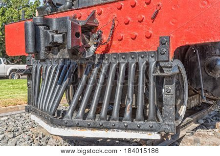 ASHTON SOUTH AFRICA - MARCH 26 2017: The coupler and deflector of a class CRB steam engine at Platform 62 a road stall in Ashton a town on the scenic Route 62 in the Western Cape Province