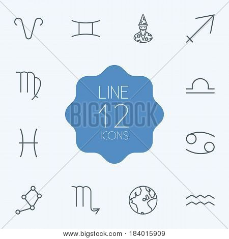 Set Of 12 Astrology Outline Icons Set.Collection Of Globe, Constellation, Aqurius And Other Elements.