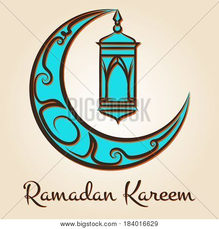 Ramadan Kareem logo. Vector arabic islamic emblem with ornate moon and lamp