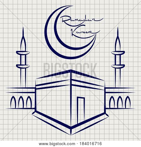 Ramadan kareem mosque on notebook page. Vector ballpoint pen sketch of mosque