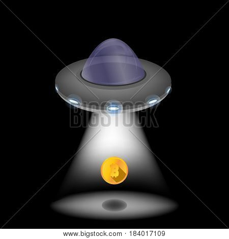 Cloud mining. Crypto currency bitcoin. A spaceship picks up money. Design for web sites. Vector