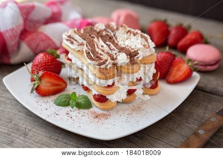 Italian cookie Savoyard with whipped cream and chocolate