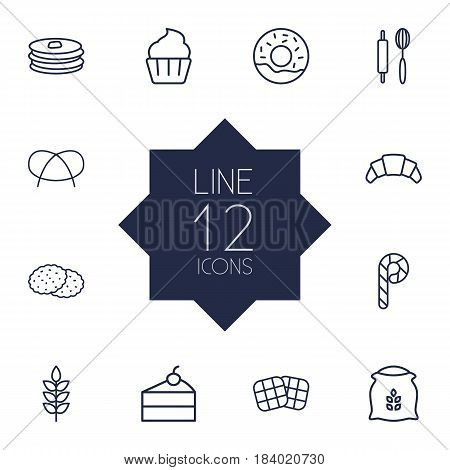 Set Of 12 Bakery Outline Icons Set.Collection Of Wheat, Pretzel, Croissant And Other Elements.