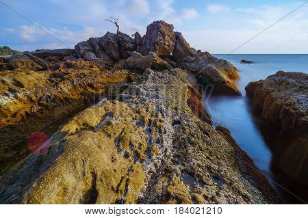 Long exposure of sea & rocks during beautiful evening at Labuan island,Malaysia.Known as Bonsai lonely tree Layang Layangan & lconic landmark in Labuan island,Malaysia.