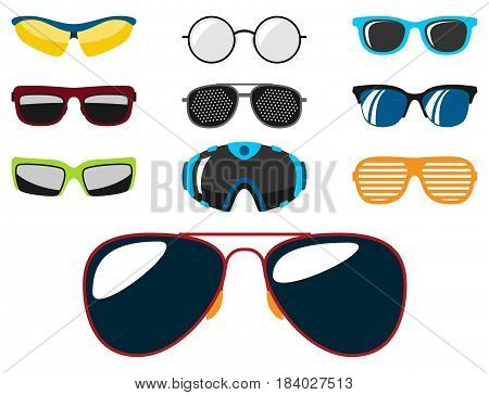 Fashion set sunglasses design retro accessory sun optical view object and spectacles vintage plastic frame modern eyeglasses vector illustration. Elegance summer sight shape classic reflection wear.