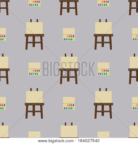 Painting art tools palette seamless patternt flat vector illustration details stationery creative paint equipment. Canvas digital drawing symbol artist instrument for creativity decoration.