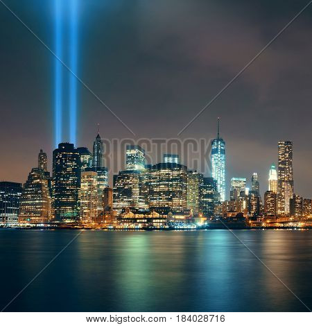 New York City downtown and september 11 tribute at night