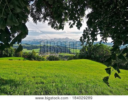 Waldegg, Switzerland, 2014.06.22: View from Waldegg over Appenzell to the Alpstein mountains.