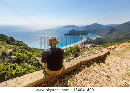 Hiking in famous Lycian Way in the Turkey. Backpacker in the trail.