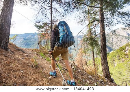 Hiking in famous Lycian Way in the Turkey. Backpacker in the trail.