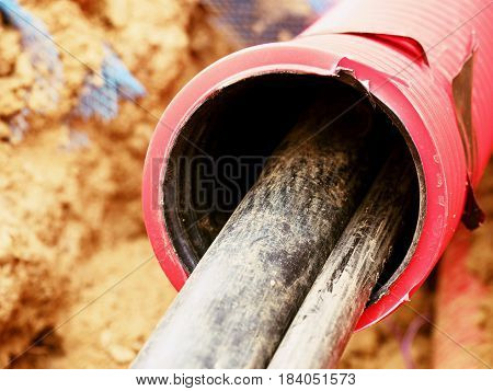 Wire In Hdpe And Protectivep Tube. Building Of Lines Of Metallic And Fiber Optic Cables,
