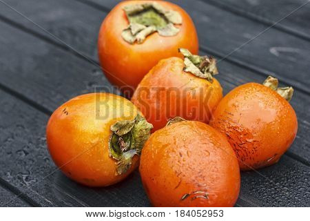Persimmon, Fresh Ripe Persimmon On Wooden Table Fruits On Rustic Table