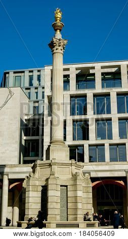 London UK - February 24 2016: Monument to the Great Fire of London in Paternoster Square City of London England United Kingdom Europe