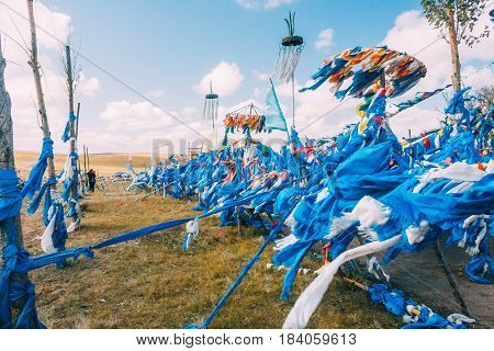 White And Blue Obo And Aobao Landscape In Mongolia ,mongol Totem, In Grassland With Blue Sky,horizon