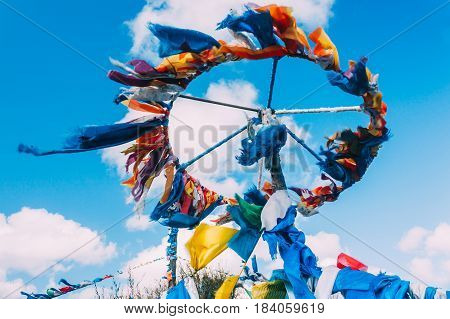 White And Blue Obo And Aobao Landscape In Mongolia ,mongol Totem, In Grassland With Blue Sky,horizon