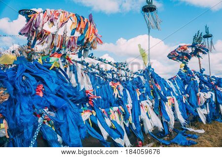 White And Blue Obo And Aobao Landscape In Mongolia ,mongol Totem, In Grassland With Blue Sky,horizon