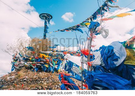 White And Blue Obo And Aobao Landscape In Mongolia ,mongol Totem, In Grassland With Blue Sky,horizon