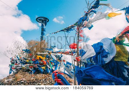 White And Blue Obo And Aobao Landscape In Mongolia ,mongol Totem, In Grassland With Blue Sky,horizon