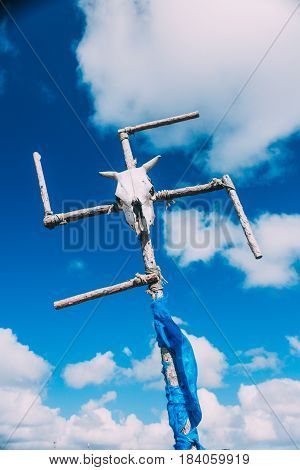 White And Blue Obo And Aobao Landscape In Mongolia ,mongol Totem, In Grassland With Blue Sky,vertica