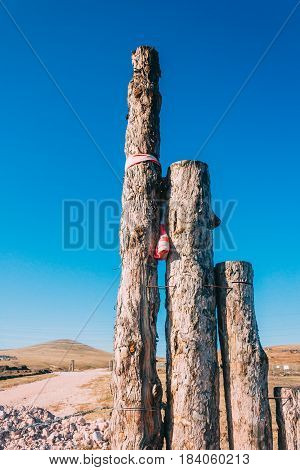 Three Woods Standing  Landscape In Mongolia ,mongol Totem, In Grassland With Blue Sky,vertical