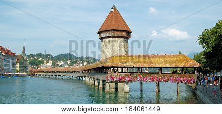Old wooden chapel bridge in Luzern Switzerland