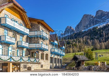 Pozza di Fassa Italy - April 28 2012: The hotel of the village