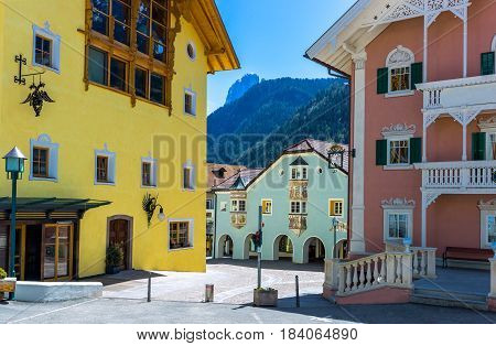 Italy Dolomites Ortisei traditional houses and stores of the historic town center