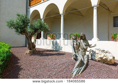 San Michele All'Adige Italy - June 28 2012:a sculpture made by Filip Moroder Doss in the side entrance of the Agostiniana abbey headquarter of the Fondazione Edmund Mach