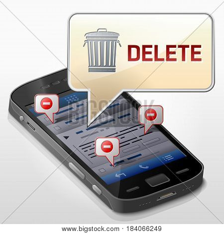 Smartphone with message bubble about data delete. Dialog box pop up over screen of phone. Qualitative vector illustration about smartphone file removing mobile technology erasing notification etc