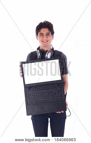 Portrait of smiley happy friendly young student holding a labtop teenager wearing gray t-shirt and jeans with a headphone and backbag isolated white background