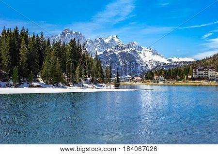 Italy Dolomites the Misurina Lake with the Sorapiss mountain in the background
