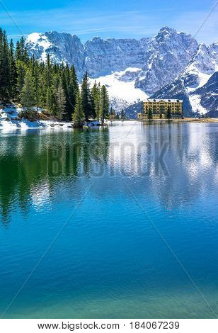 Italy Dolomites the Misurina Lake with the Sorapiss mountain in the background