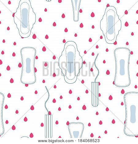 Medical hygiene conception pattern. Seamless vector pattern with menstruation sanitary pads blood drops and cotton tampons