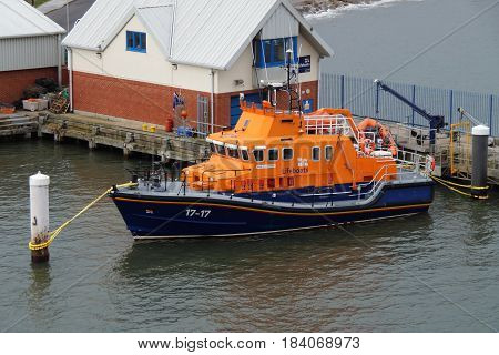 North Shields, United Kingdom - April 28, 2017: RNLB Fraser Flyer (lifeboat number 17-17)  lies in the harbor of North Shields.