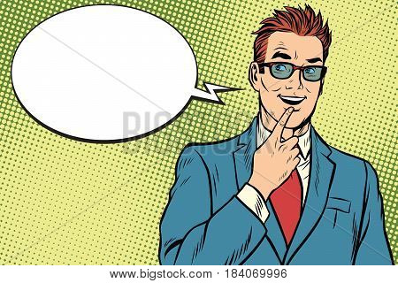 smiling businessman was up to something, a finger to her lips. Pop art retro vector illustration