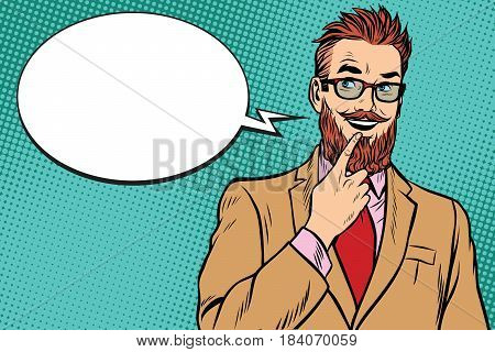 smiling bearded hipster businessman was up to something, a finger to her lips. Pop art retro vector illustration