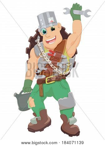 The merry mechanic is armed with tools and is ready to work.