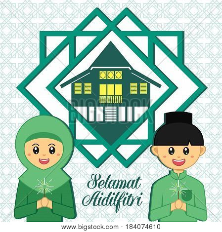 Hari Raya Aidilfitri vector illustration. Cute muslim boy and girl with traditional malay village house / kampung.
