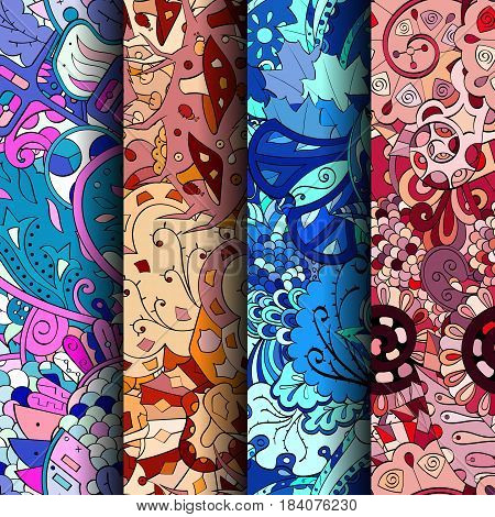Set Of Tracery Colorful Seamless Patterns. Curved Doodling Backgrounds For Textile Or Printing With