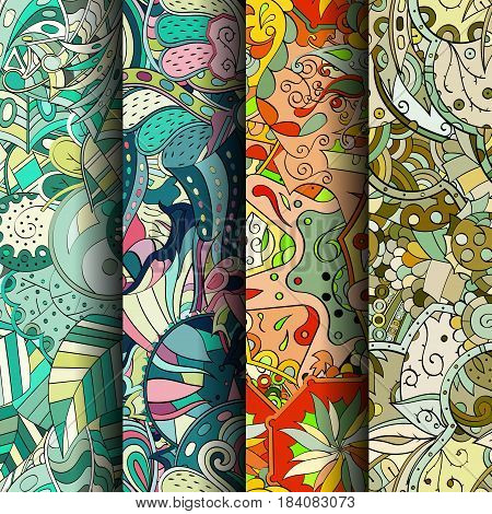 Set Of Tracery Colorful Seamless Patterns. Curved Doodling Backgrounds For Textile Or Printing With