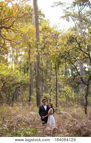 A couple in formal dress black suit and white dress romance in the pine forest before wedding, Thailand
