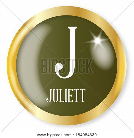 J for Juliett button from the NATO phonetic alphabet with a gold metal circular border over a white background