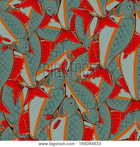 Fresh Fishes with Red Fins and Tails. Seamless Sea Food Pattern