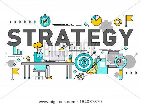 Thin line flat design banner of business and marketing strategy. Modern vector illustration concept of word strategy for website and mobile website banners, easy to edit, customize and resize.