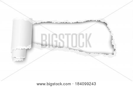 Vector snatched hole in white sheet of paper with soft shadow. Template paper design.