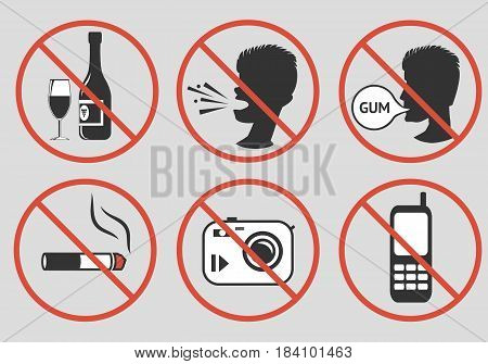 Forbidden signs. Prohibition of alcohol consumption loud screaming chewing gum smoking photographing talking on a mobile phone. Vector illustration.