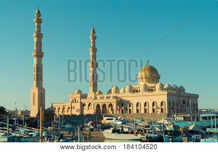 Beautiful architecture of Mosque in Hurghada at sunset, Egypt