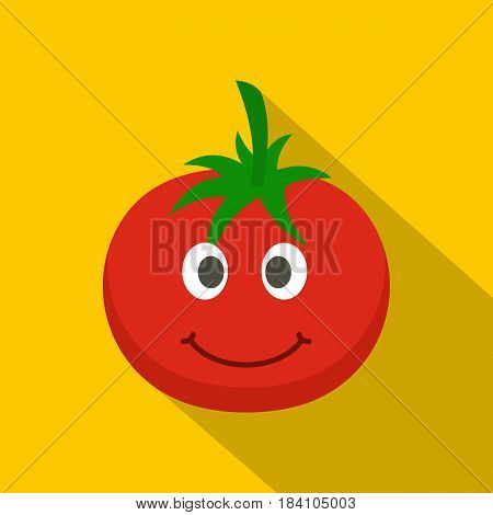 Red smiing tomato icon. Flat illustration of red smiing tomato vector icon for web on yellow background